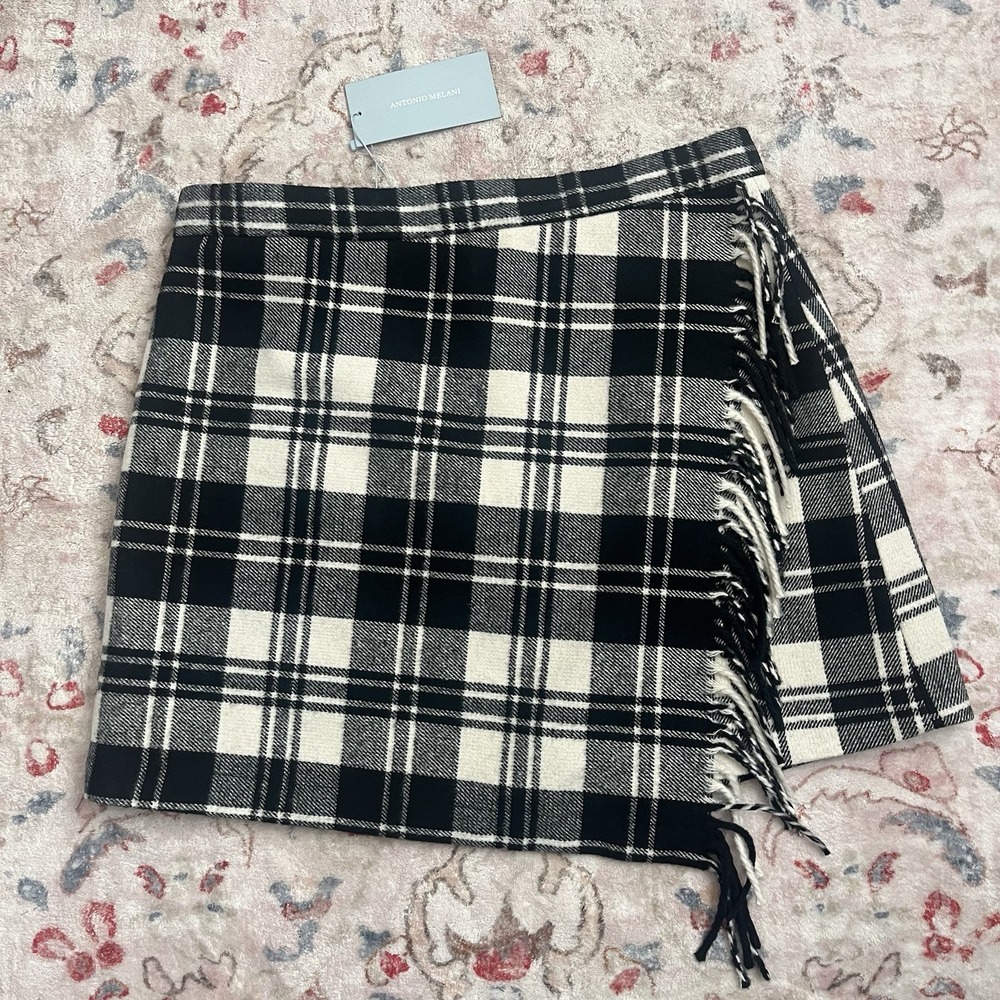 Antonio Melani Woven Brushed Plaid Fringe High Rise Wrap Front Mini Skirt Sz 12